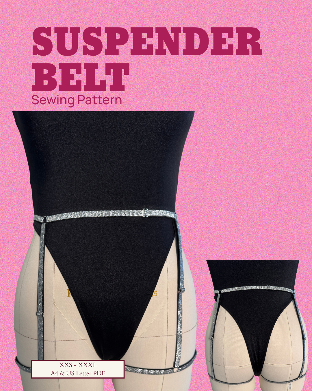 Suspenders belt sewing pattern on a pink background